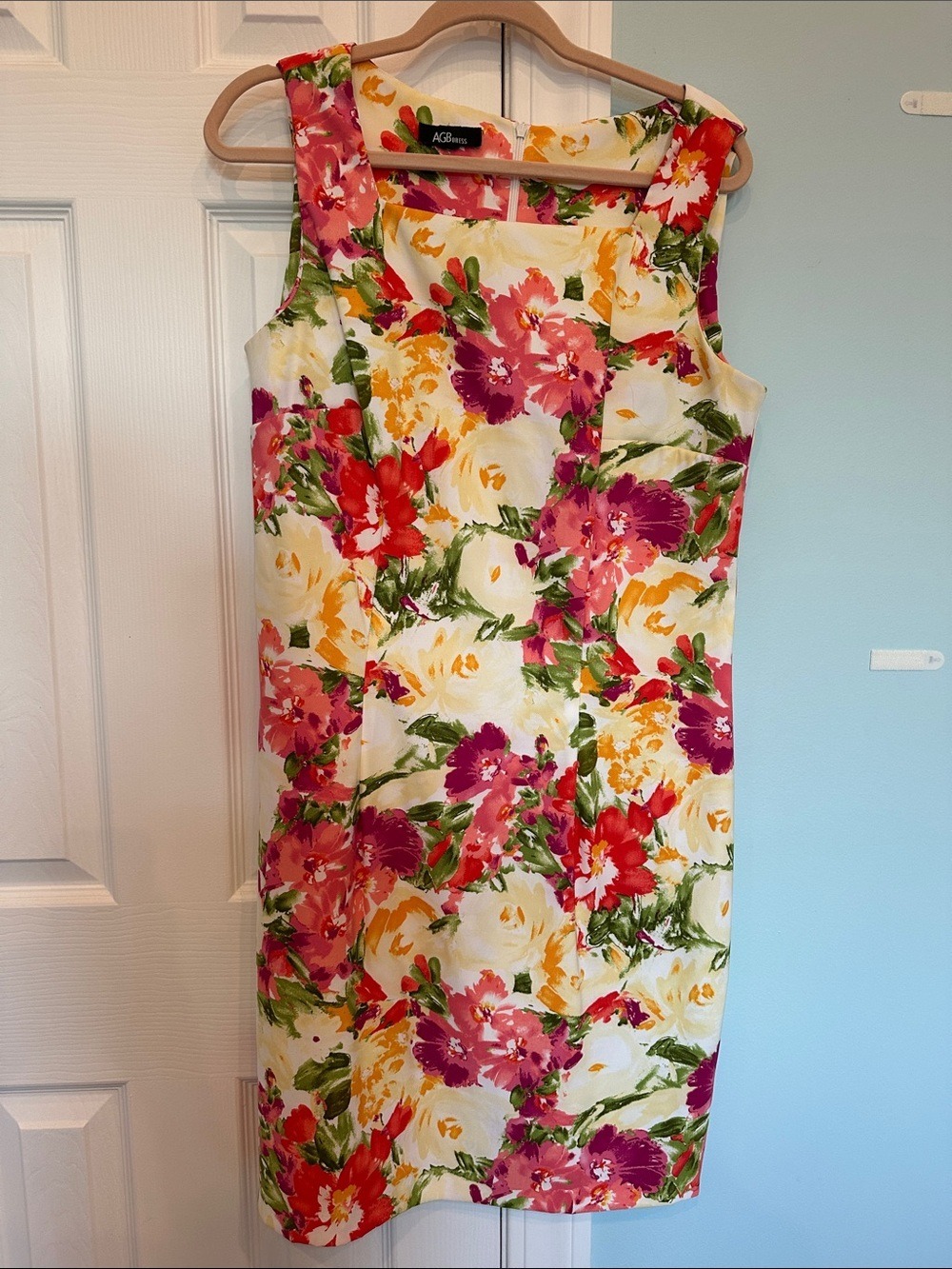 AGB Floral Sheath Dress in White with Pink, Yellow & Green